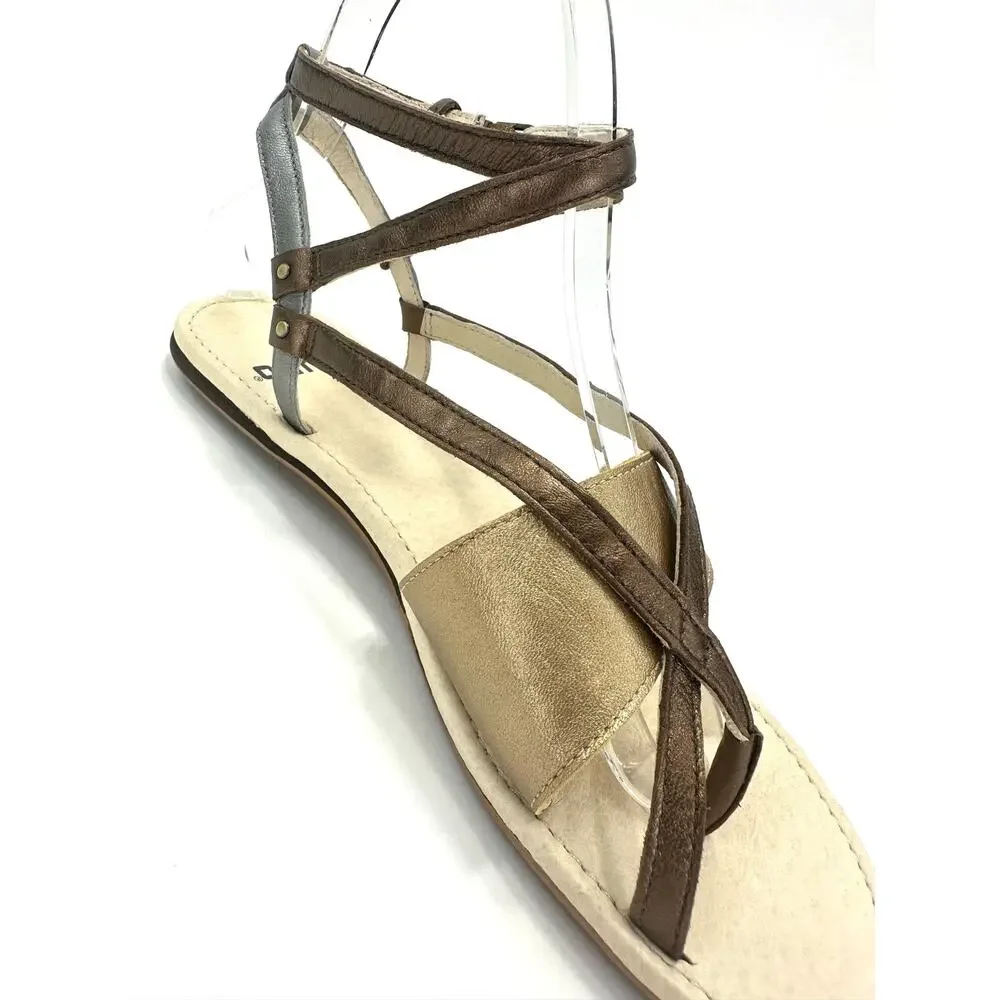 Tsubo Brenleigh Strappy Flat Sandal Size 7.5/38.5 Bronze/Gold/Silver Leather New